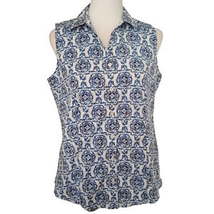 Talbot's Blue White Sleeveless Button Front Medallion Print Blouse Size 8 Petite